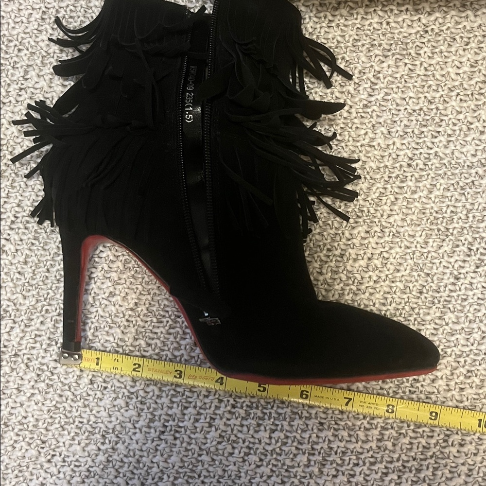 Black Suede Woman’s Pointed Toe Fringe Red Sole Stiletto Heel Ankle Booties - Picture 15 of 16